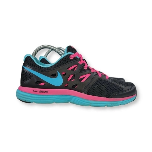 NIKE Dual Fusion Run 2 Shoes 599560-004 Black/Pink/Blue Sz 7.5 Women - Picture 1 of 8